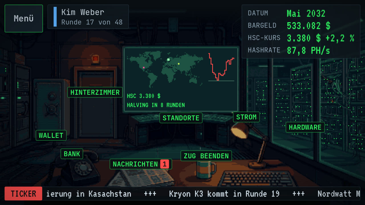 Die Zentrale als Leitstand mit Weltkarte, Kurslinie und Serverwand
