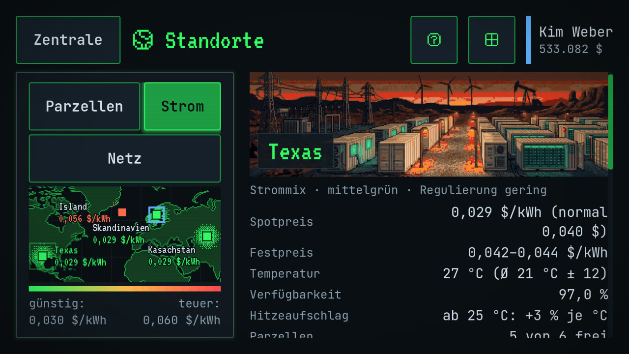 Standorte auf der Weltkarte mit Strompreis-Overlay