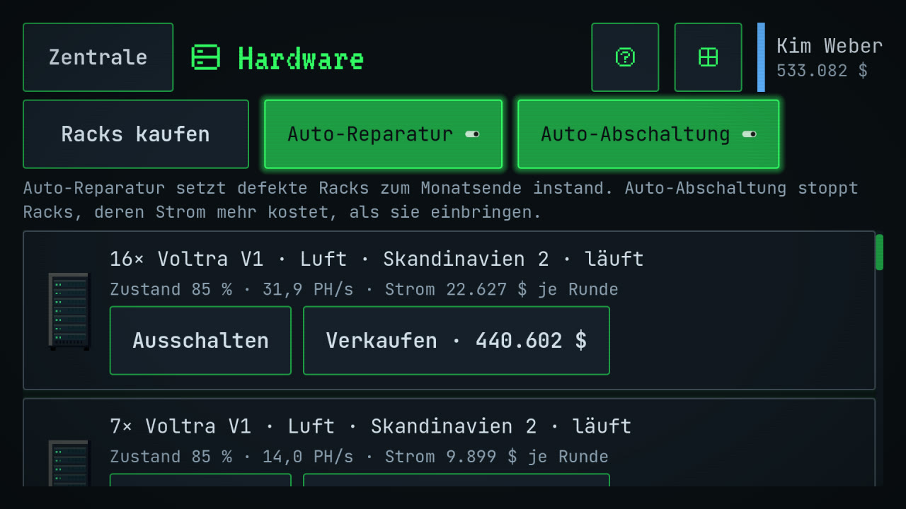 Hardware: Racks mit Zustand, Hashrate und Stromkosten