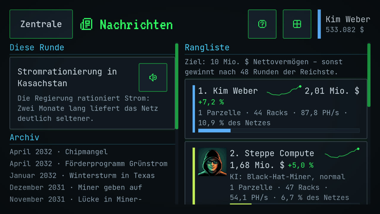 Nachrichten und Rangliste mit den KI-Gegnern