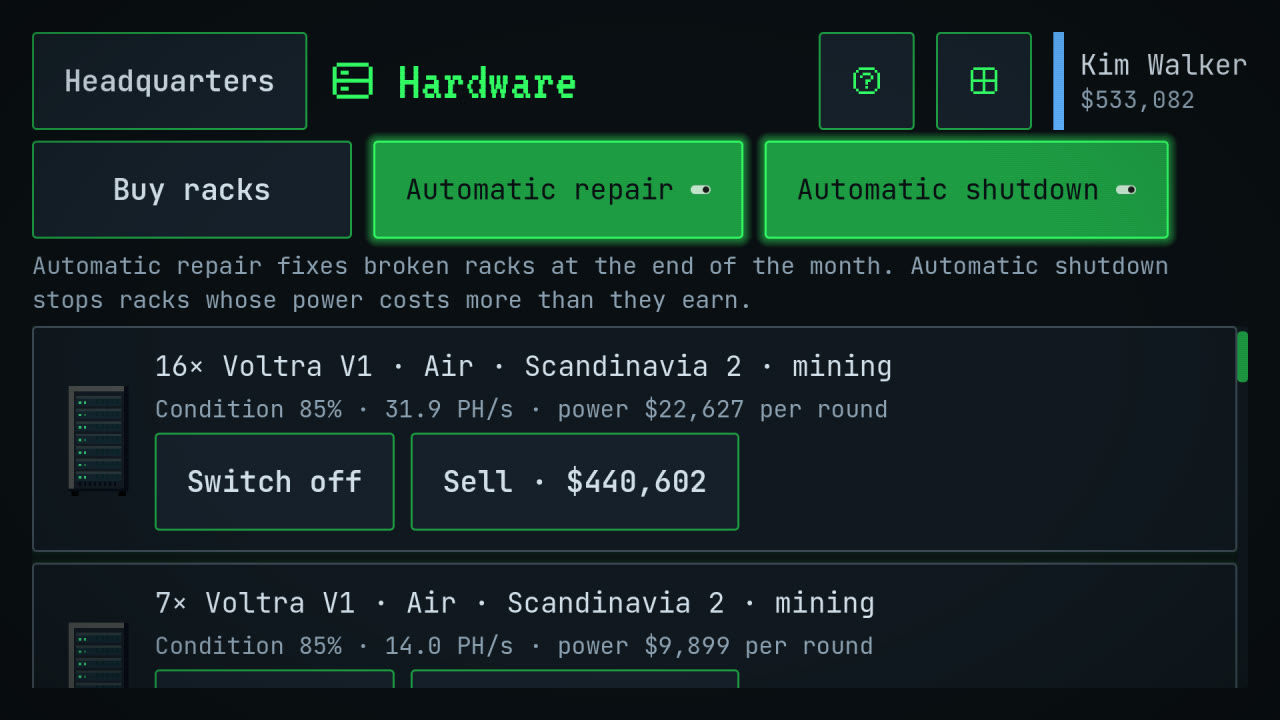 Hardware: racks with condition, hashrate and power costs