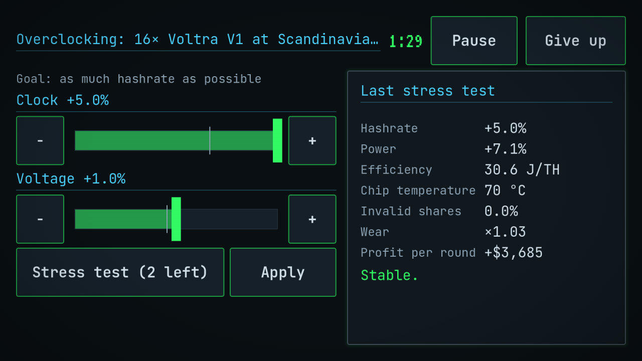 Overclocking minigame with a stress test