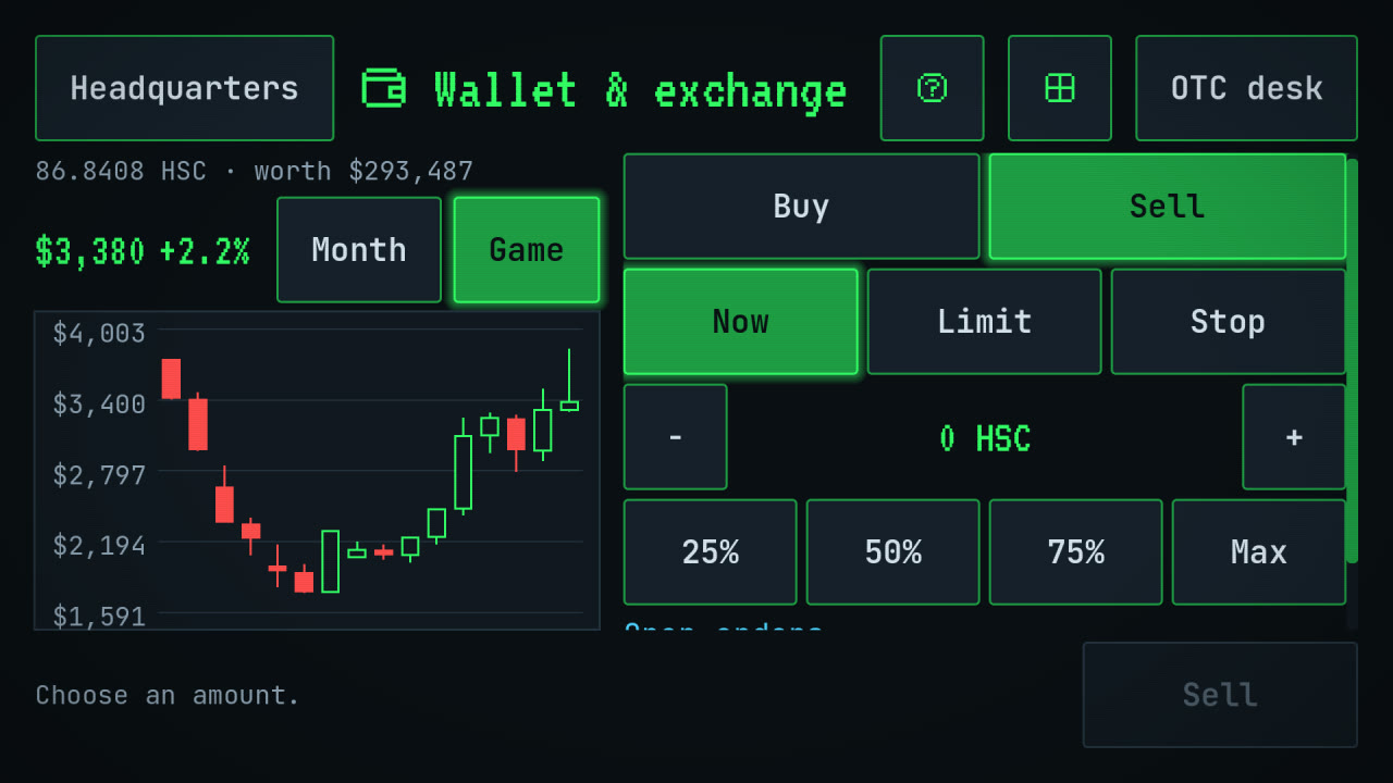 Wallet and exchange with a candlestick chart